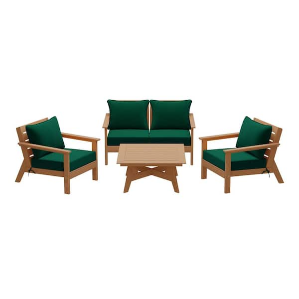 WESTIN OUTDOOR Birchwood Teak Arrangeable 5-Piece Outdoor Patio HDPE Deep Seating Conversation Lounge Set w/ Green Cushions