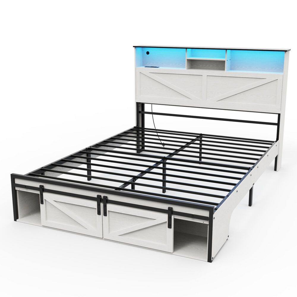White Steel Frame Full Panel Bed with Storage Shelves, Panel Platform Bed with Charging Station, Footboard Drawer
