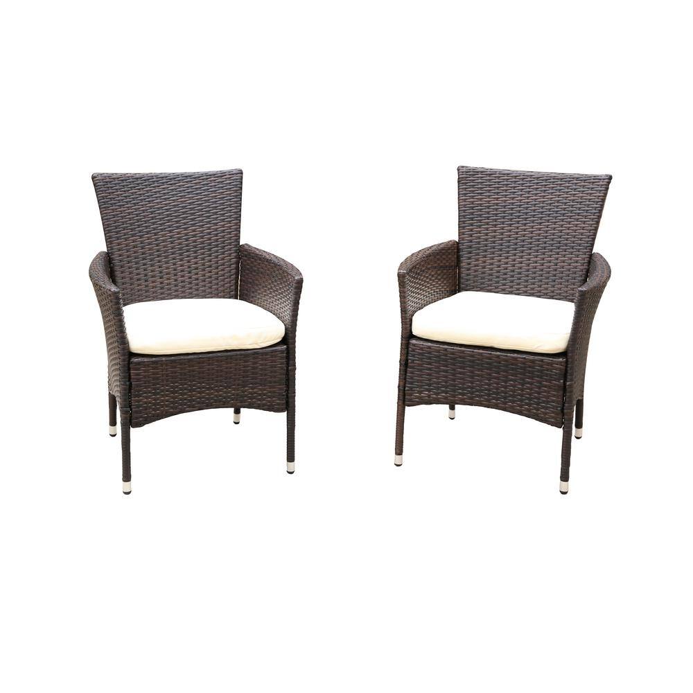 2-Piece Brown Removable Cushions Wicker Outdoor Lounge Dining Chair with Be