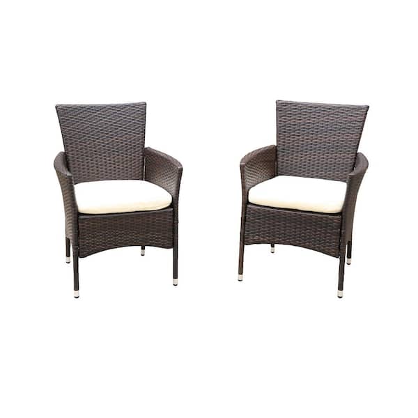 Unbranded 2-Piece Brown Removable Cushions Wicker Outdoor Lounge Dining Chair with Beige Cushion