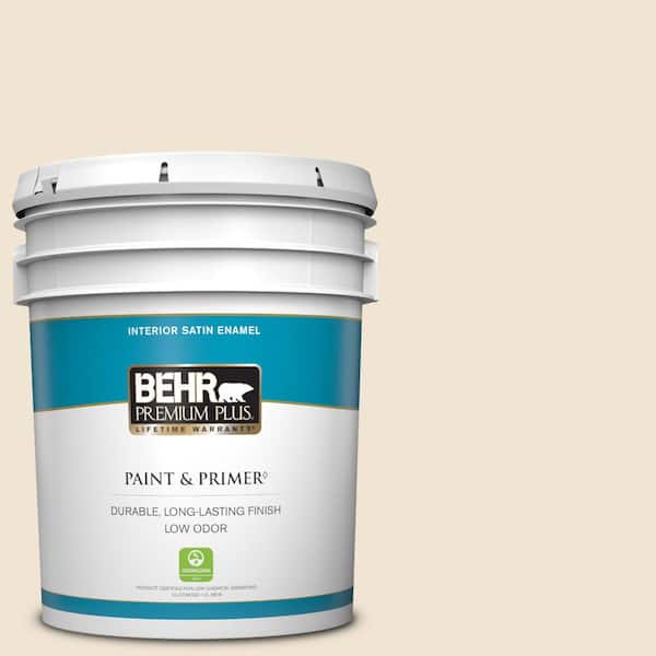 BEHR PREMIUM PLUS 5 gal. #N290-1 Original White Satin Enamel Low Odor Interior Paint & Primer