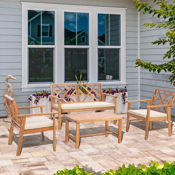 Werph Brown 4-Piece Acacia Wood Patio Furniture Set with Light Gray Cushions