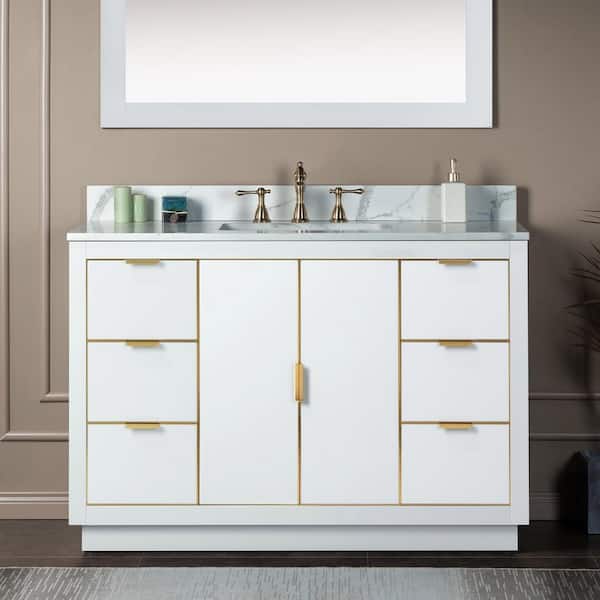 WOODBRIDGE Venice 49 in.W x 22 in.D x 38 in.H Bath Vanity in White with Engineered stone Vanity Top in Fish Belly with White Sink