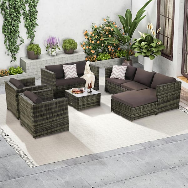 PARASOLAR Brown and Gray 6-Piece Wicker Outdoor Sectional Set with Dark Brown Cushions