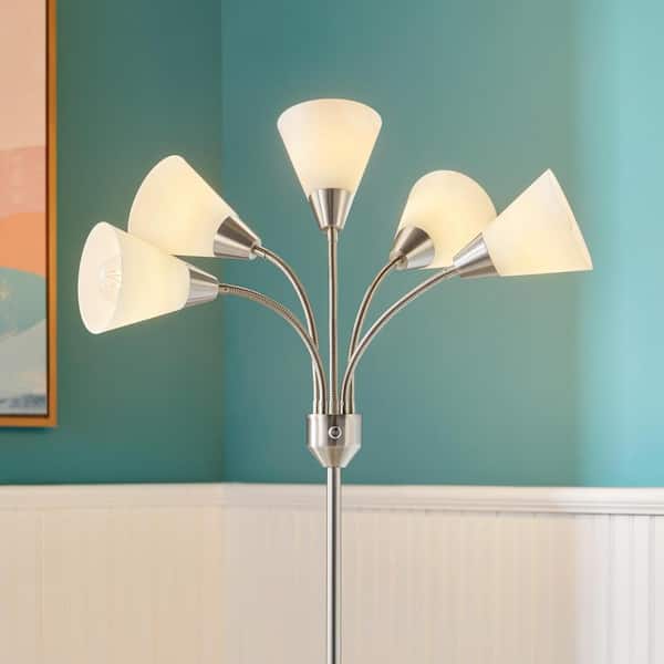 Hampton Bay 67 in. 5 Light Brushed Nickel Gooseneck Floor Lamp with White Acrylic Shades C7104 BN The Home Depot
