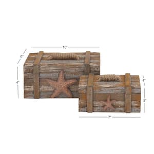 Rectangle Wood Handmade Distressed Starfish Box with Knotted Rope Details (Set of 2)