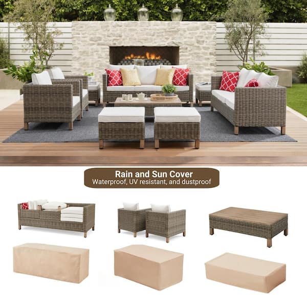 9-Piece Wicker Patio Conversation Set with Beige Cushions