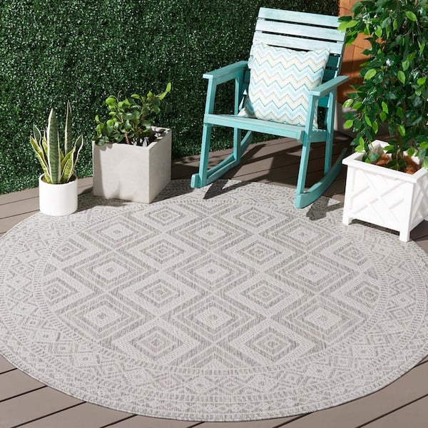 Courtyard Ivory/Light Gray 7 ft. Round Border Diamond Indoor/Outdoor Area Rug