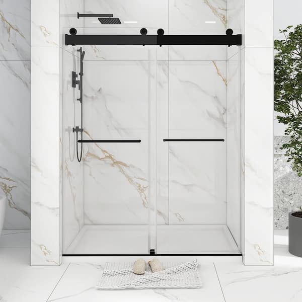 JimsMaison 60 in. W x 76 in. H Double Sliding Frameless Shower Door in Matte Black with Buffer