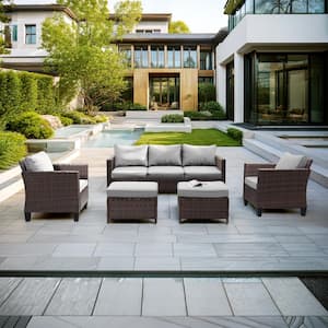 5-Piece Brown Wicker Outdoor Conversation Seating Sofa Set, Linen Grey Cushions with 3-Seater Sofa, Ottomans