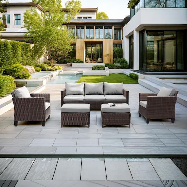 JOYESERY 5-Piece Brown Wicker Outdoor Conversation Seating Sofa Set, Linen Grey Cushions with 3-Seater Sofa, Ottomans