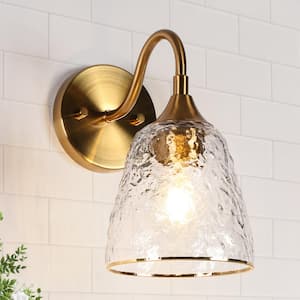 Modern Plated Brass Damp-rated Bell Bedroom Wall Sconce 1-Light Bathroom Vanity Light with Cone Clear Ripple Glass Shade