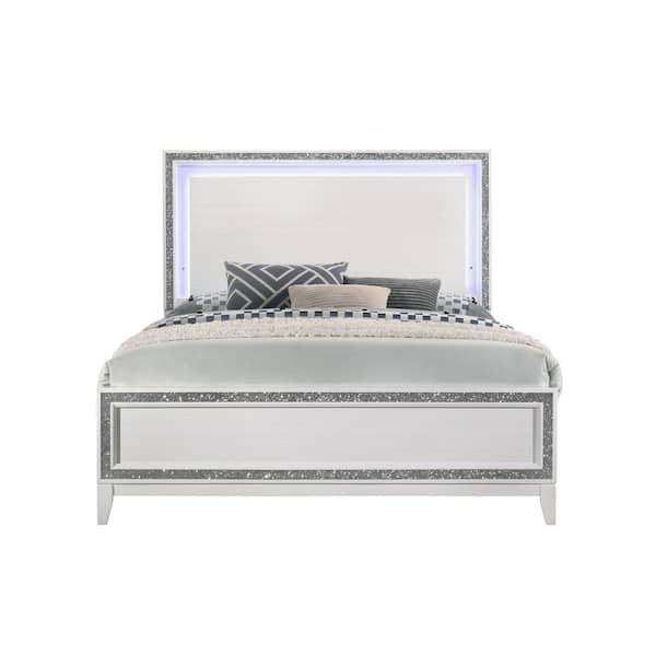 Acme Furniture Haiden LED & White Finish King Panel Headboard Bed