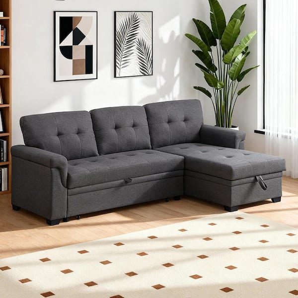 83 in. Modern Dark Gray Linen Modular L-Shape Sofa Bed with Chaise Lounge and Hidden Storage
