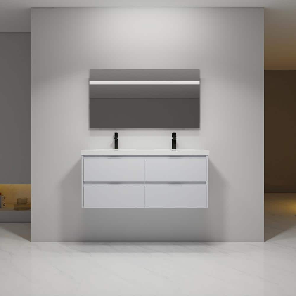 48 in. W Double Sink Wall Mounted Bath Vanity in White Straight Grain with 