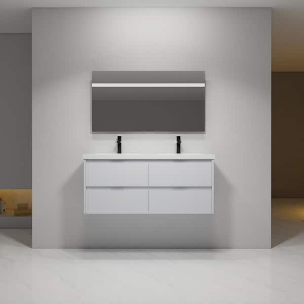 Unbranded 48 in. W Double Sink Wall Mounted Bath Vanity in White Straight Grain with White Cultured Marble Top