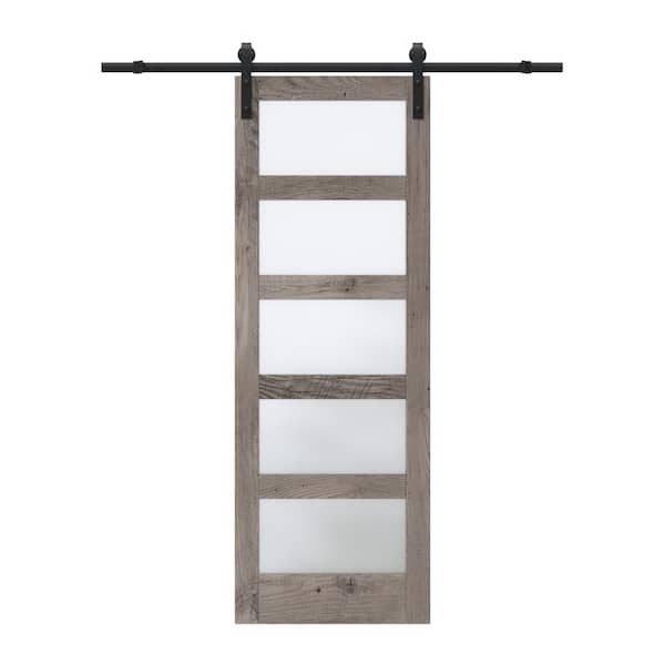 ARK DESIGN 30 in. x 84 in. 5-Lite Tempered Frosted Glass Log Brown Finished Composite MDF Sliding Barn Door with Hardware Kit