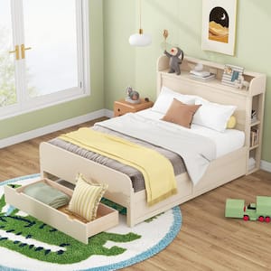 Cream (Beige) Wood Frame Full Size Platform Bed with a Big Drawer, Storage Headboard