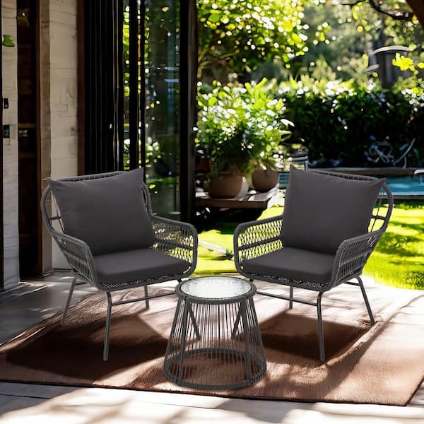 Bezseller 3-Piece Outdoor Wicker Furniture Set, Patio Conversation Set with Black Cushions for Garden, Balcony, Backyard