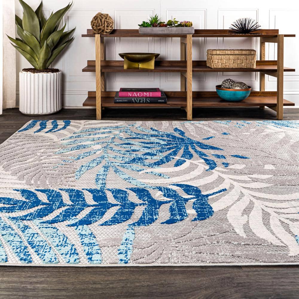 Gray and Blue Synthetic Palm Leaves 3' x 5' Area Rug