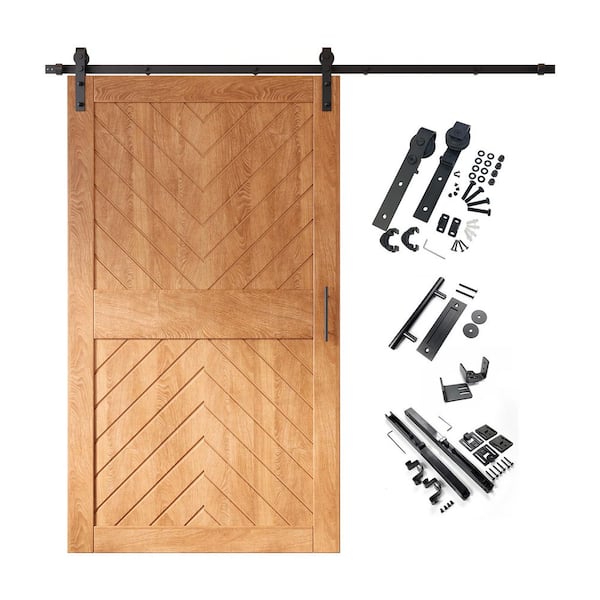 JT4 50 in. x 84 in. C-Panel Early American Fishbone Design Solid Pine Wood Sliding Barn Door with Hardware Kit