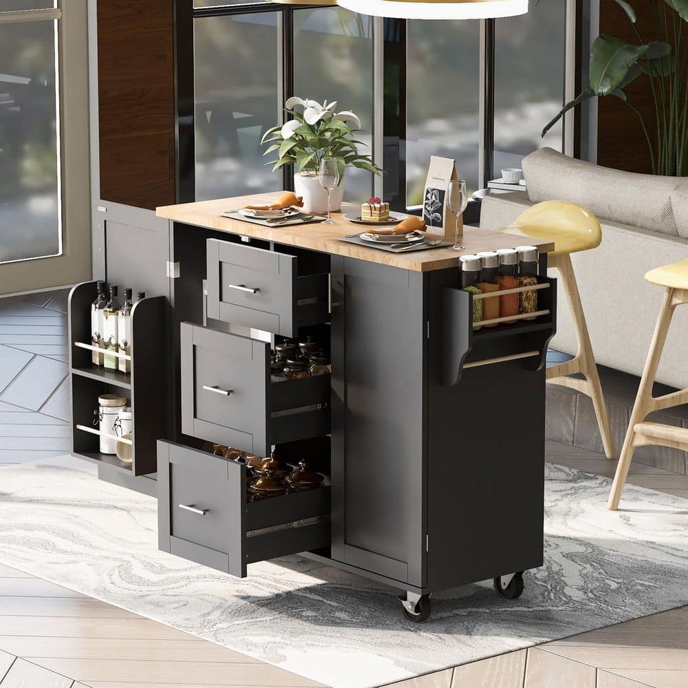 Black Rubber Wood Kitchen Cart with Spice Rack and Towel Rack