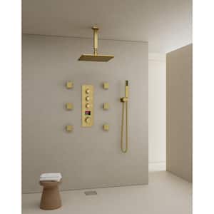 Thermostatic 7-Spray Ceiling Mount 12 in. Square Shower Head with 3-color LED and Valve in Brushed Gold