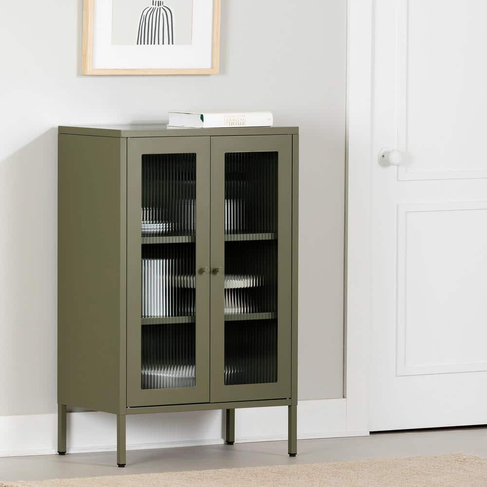 Olive Green Metal Storage Cabinet with Fluted Glass Doors
