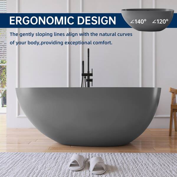 Luna 59 in. x 30.7 in. Stone Resin Solid Surface Flatbottom Freestanding Soaking Bathtub in Dark Gray