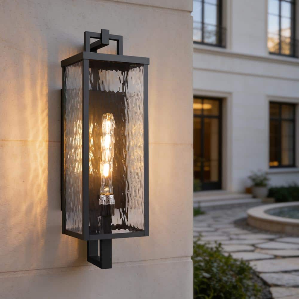 22 in. 1-Light Black Outdoor Hardwired Wall Lantern Sconce with Water Rippled Glass price history on PriceWatchPro