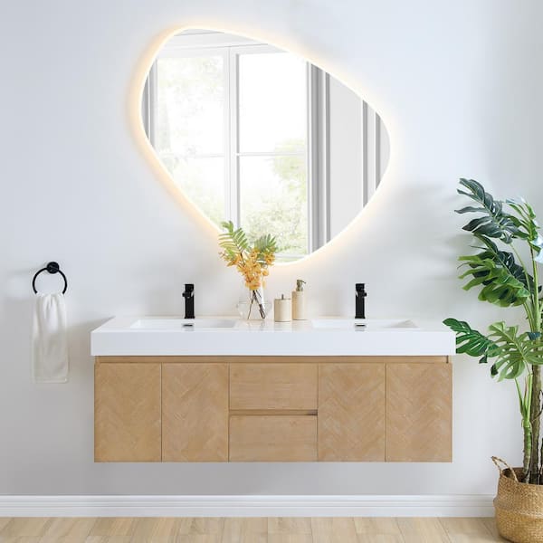 Altair Siena 60 in. W Double Sink Floating Bath Vanity in Light Brown with White Stone Top and Mirror