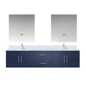 Geneva 80 in. W x 22 in. D Navy Blue Double Bath Vanity, Cultured Marble Top, Faucet Set, and 30 in. LED Mirrors