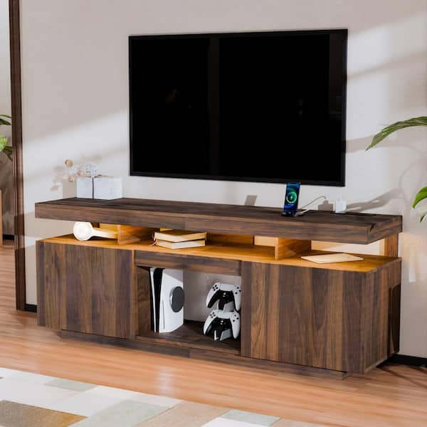 63.78 in. Modern Walnut TV Stand Fits TVs up to 70 in. with RGB LED Light Strip and Outlets
