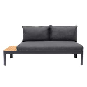 Portals Black Aluminum Outdoor Sofa with Langdale Grey Cushions and Natural Teak Wood Accents