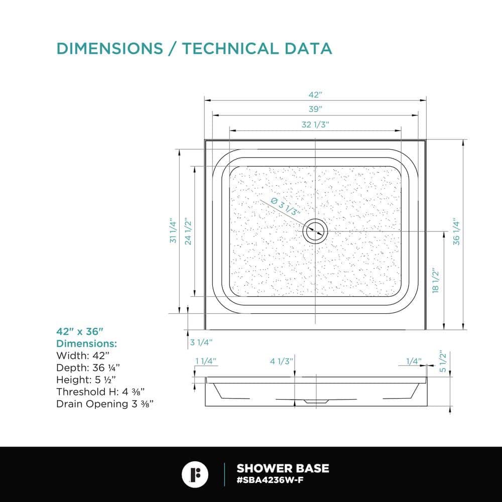 42" x 36" White Acrylic Single Threshold Shower Base