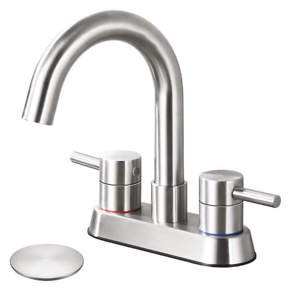 AKLFGN 4 in. Widespread 2-Handle High Arc Bathroom Faucet with Drain Kit Included and All Mounting Hardware in Brushed Nickel