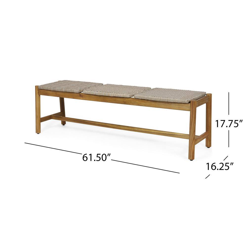 Rustic Teak Finish Acacia Wood & Wicker Outdoor Bench