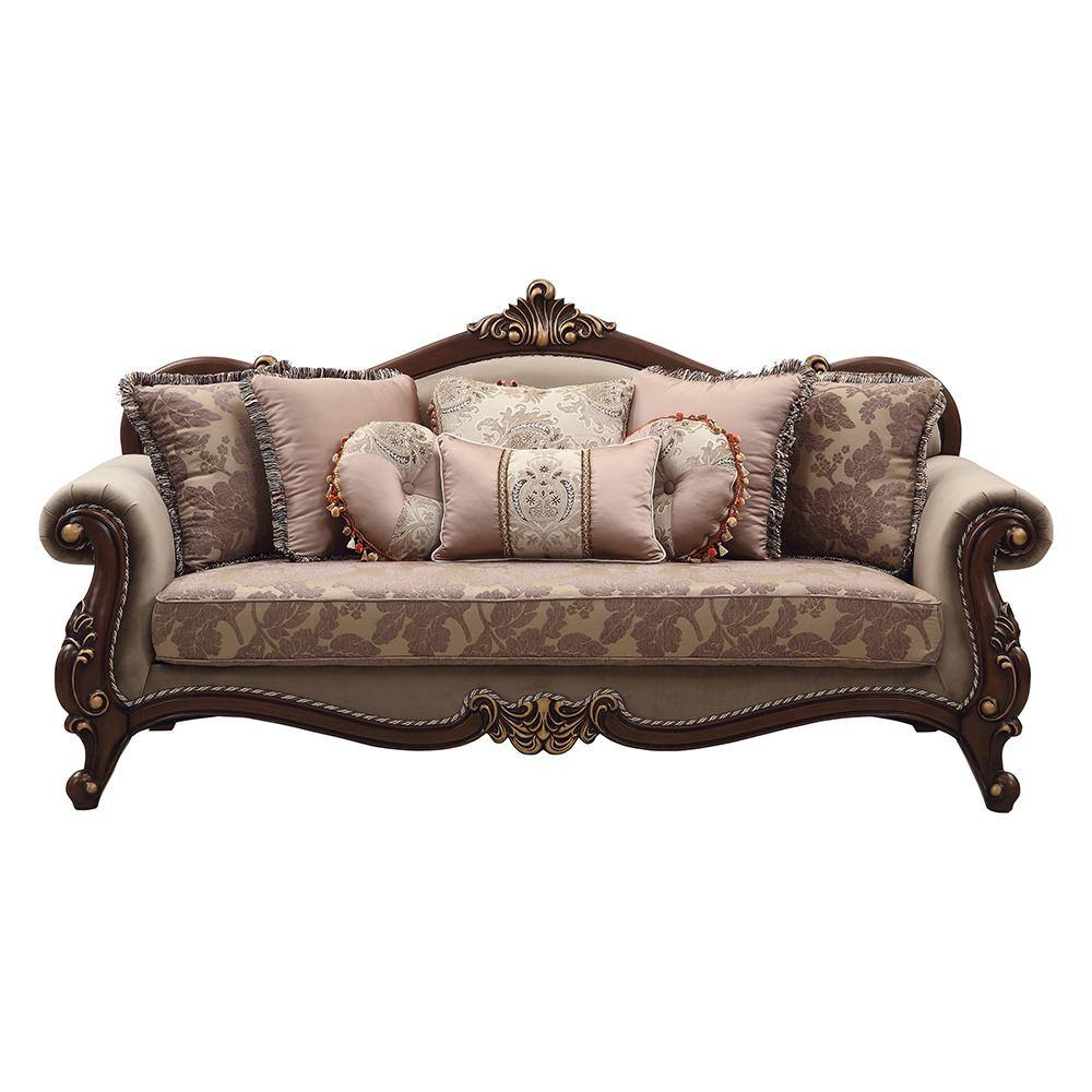 Elegant Walnut Velvet Rolled Arm Sofa with 8 Pillows