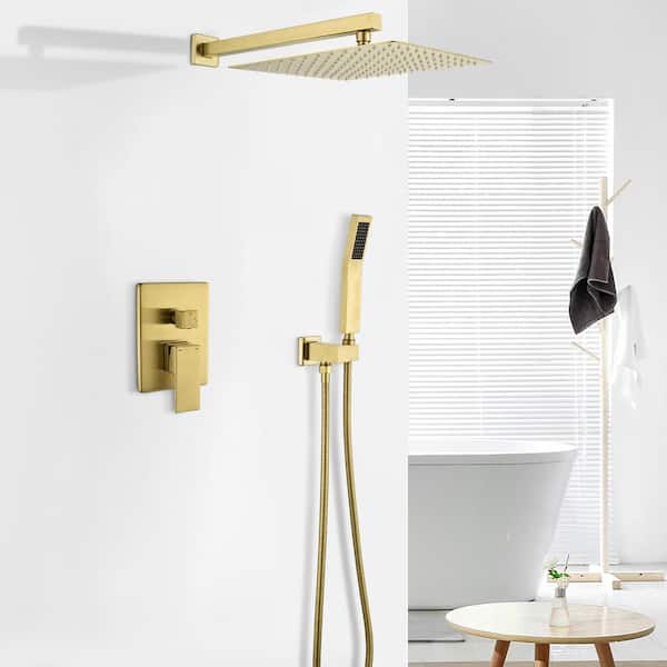 Single-Handle 1-Spray Shower Faucet 2.5 GPM with Waterfall 12 in. Rain Shower Head and Hand Shower in Brushed Gold