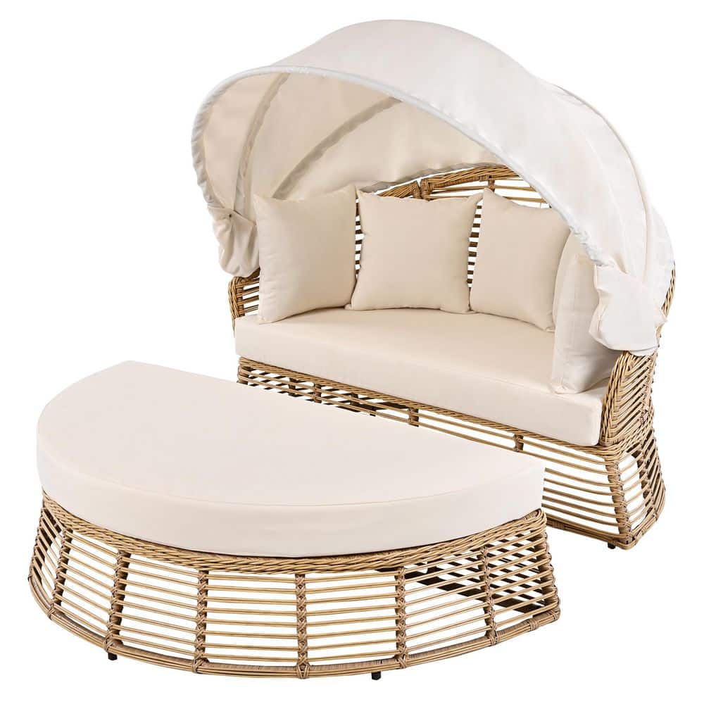 Beige Wicker Outdoor Day Bed with Removable Beige Cushions and Retractable Canopy durable construction price history on PriceWatchPro