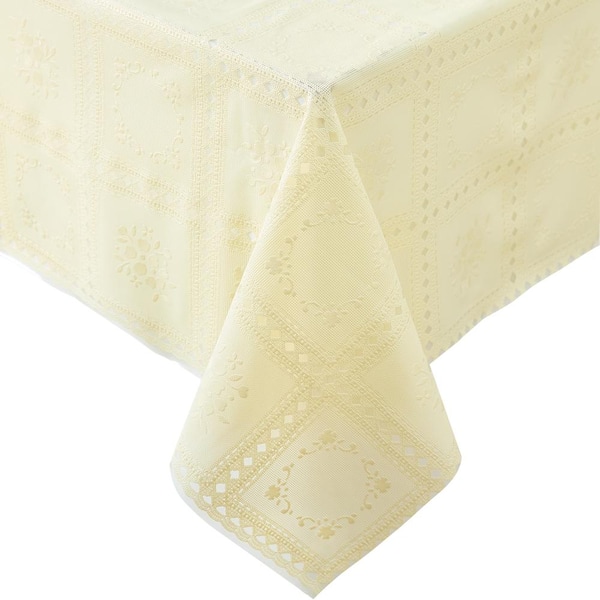 Threadmade Home Crochet Lace-Inspired 3-Yard Cut-to-fit Vinyl Tablecloth/Table Protector , Ecru - 54"W x 108"L