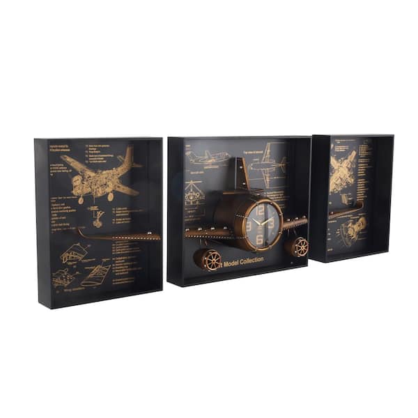 Litton Lane Copper Metal Airplane Wall Clock with Black Frame and Gold Illustrations (Set of 3)