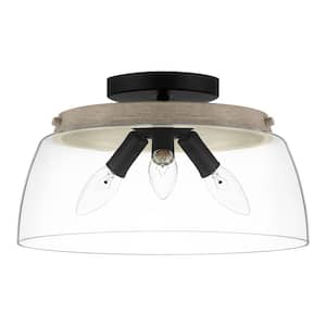 Hillgrove 13 in. 3-Light Matte Black Flush Mount with Clear Glass Shade