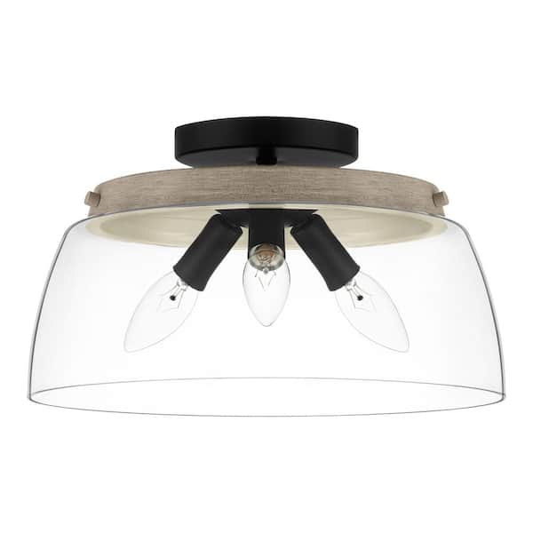 Hampton Bay Hillgrove 13 in. 3-Light Matte Black Flush Mount with Clear Glass Shade