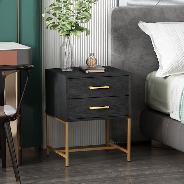 FUFU&GAGA Black Wood Nightstand With 2-Drawer and Metal Legs 22.8"H x 17.7"W x 15.7"D