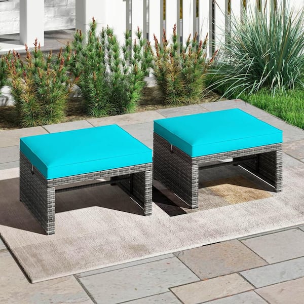 Wicker Outdoor Ottoman Footstools with Removable Turquoise Cushions & Metal Frame (2-Pack)