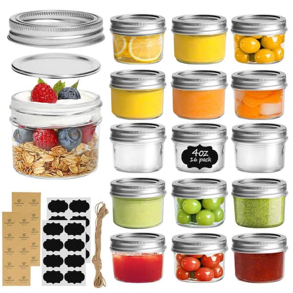 4 oz. Regular Mouth Mini Glass Mason Jars with Lids and Seal Bands for Spice, Honey, Jelly, Dessert, Clear (16-Pack)
