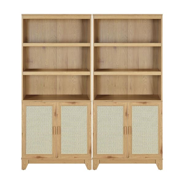 Manhattan Comfort Sheridan 70.86 in. Tall Nature Modern Medium Density Fiberboard (MDF) 7-Shelf Cane Accent Bookcase (Set of 2)