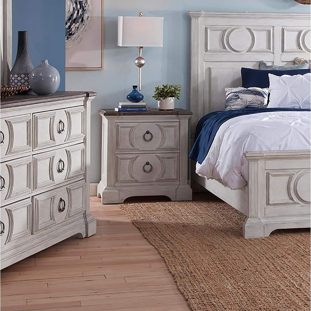 Antique White and Charcoal 2-Drawer Wood Nightstand