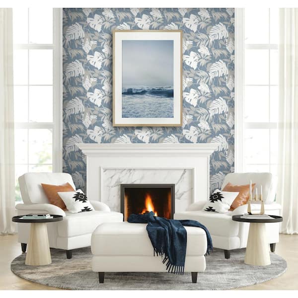 Tropical Forest Leaves Blue & Grey & White Textile Non-Pasted Wet Removable Wallpaper Roll (Cover 60.75 sq. ft.)